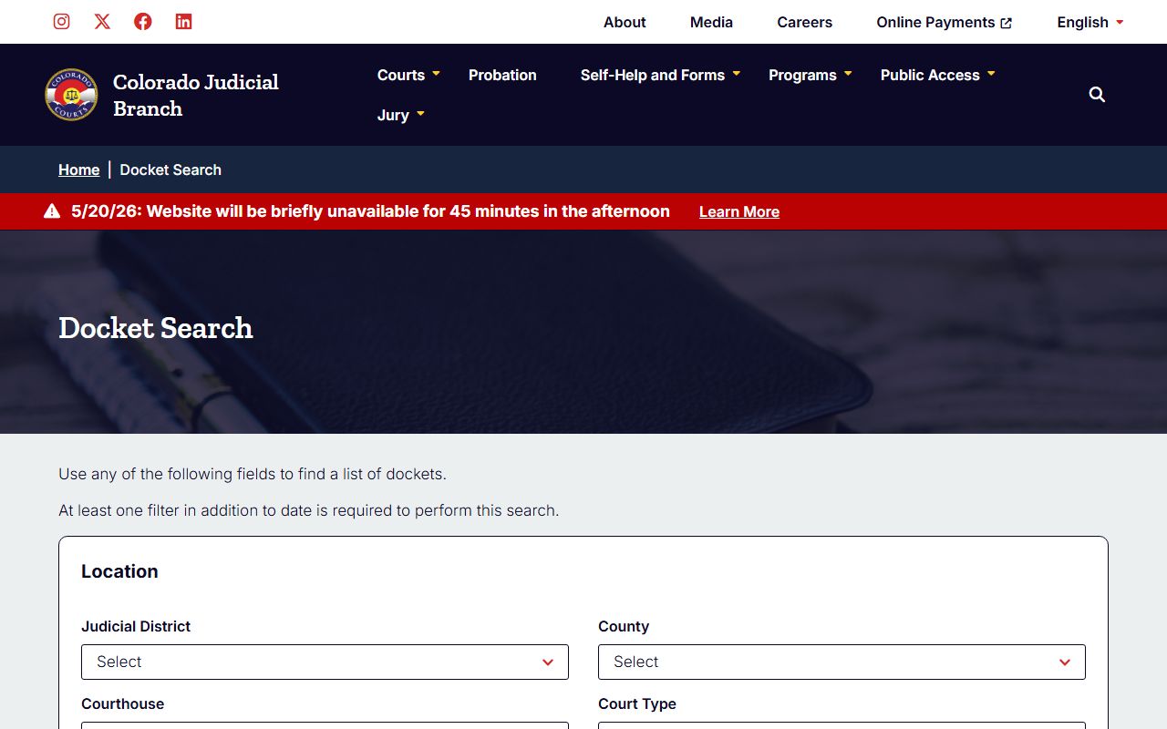 Colorado Judicial Branch docket search for Douglas County court records