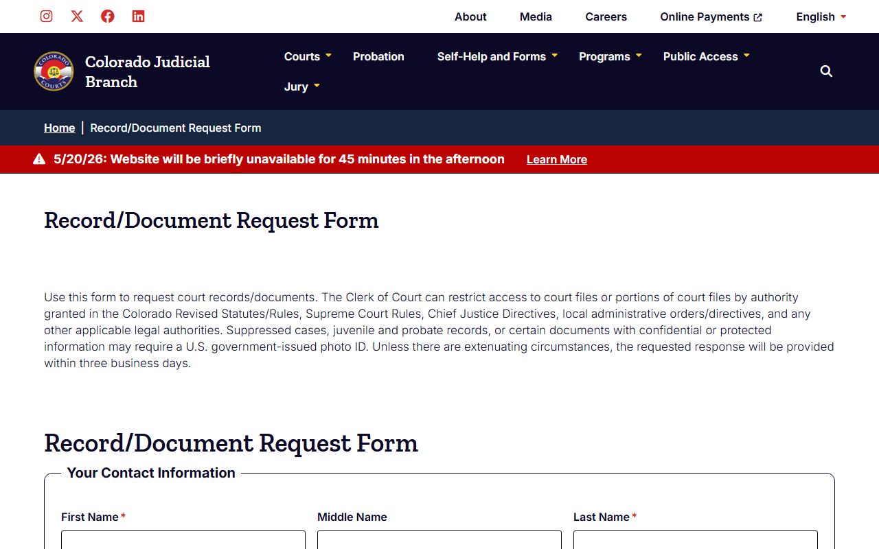 Colorado court record and document request page used for Douglas County court records