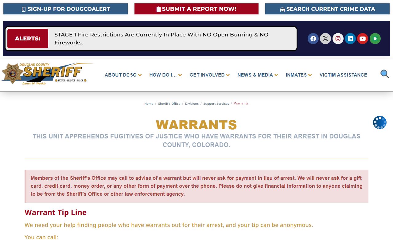 Douglas County Sheriff warrants page with instructions for verifying outstanding warrants