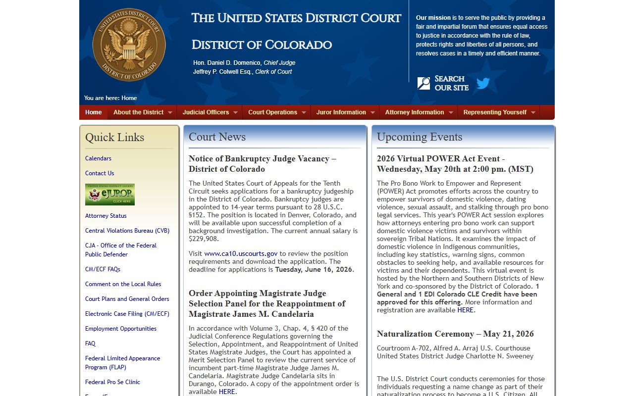U.S. District Court for the District of Colorado homepage handling federal cases from Douglas County
