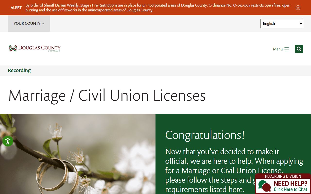 Douglas County marriage license page from the Clerk and Recorder