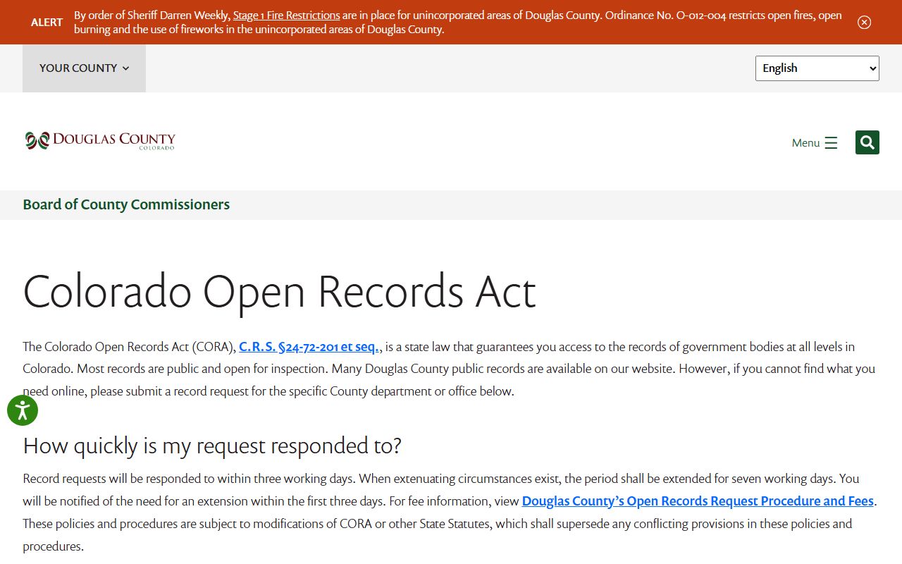 Douglas County open records page for public records requests under CORA
