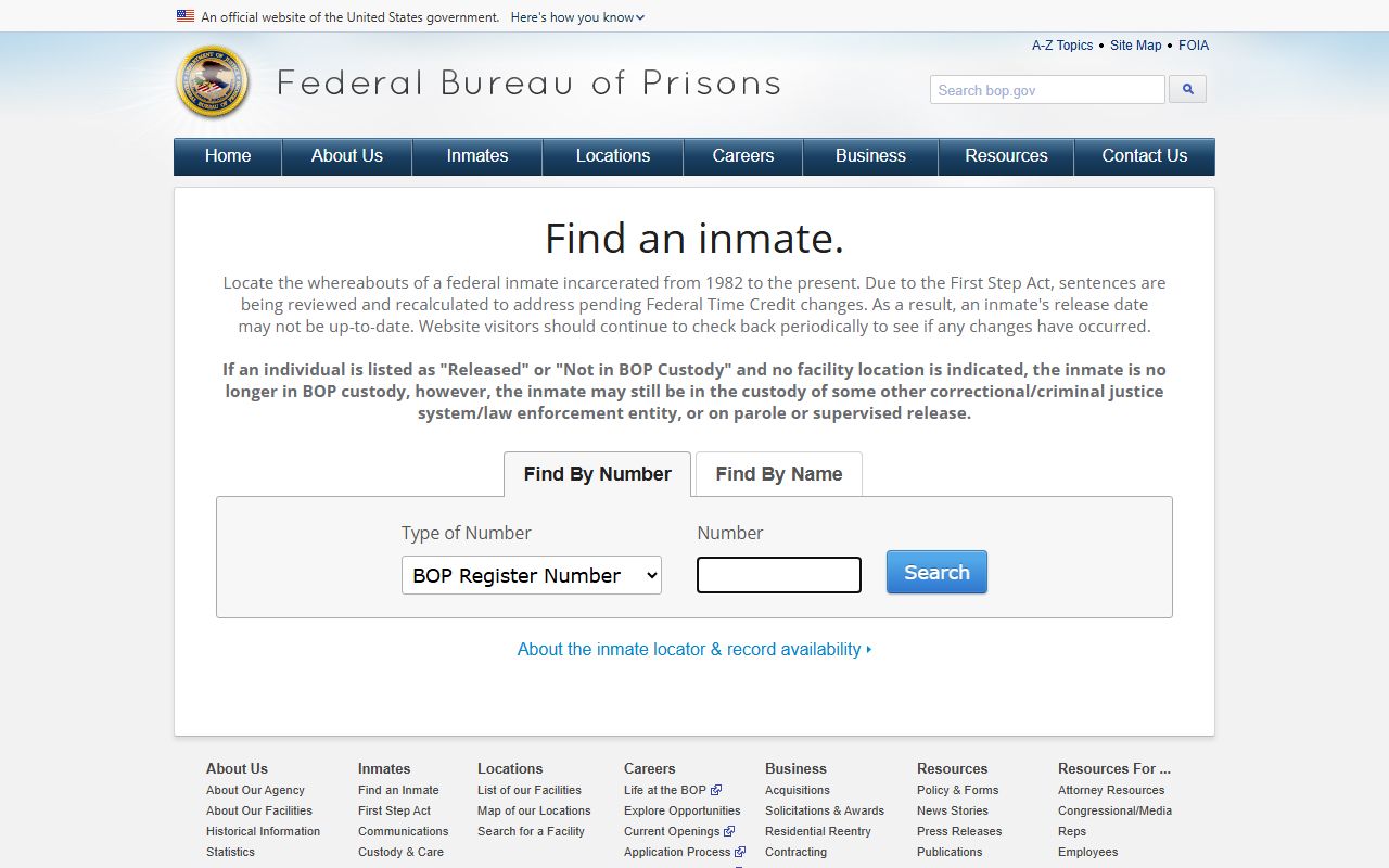 Federal BOP inmate locator screen used for Douglas County released-inmates federal search